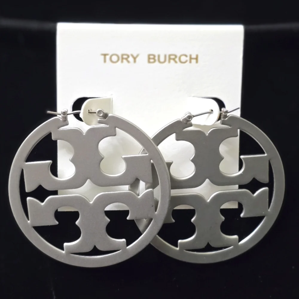 Tory Burch Miller Silvertone Logo Hoop Earrings
